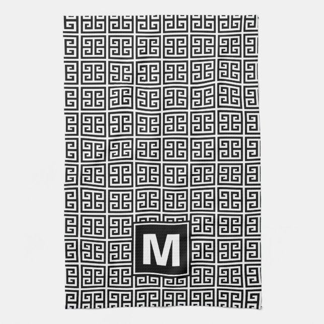 Modern Black and White Greek Key Monogram Tea Towel (Vertical)