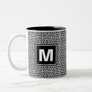Modern Black and White Greek Key Monogram Two-Tone Coffee Mug
