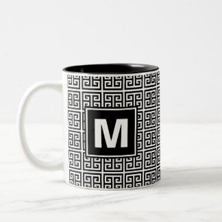 Modern Black and White Greek Key Monogram Two-Tone Coffee Mug