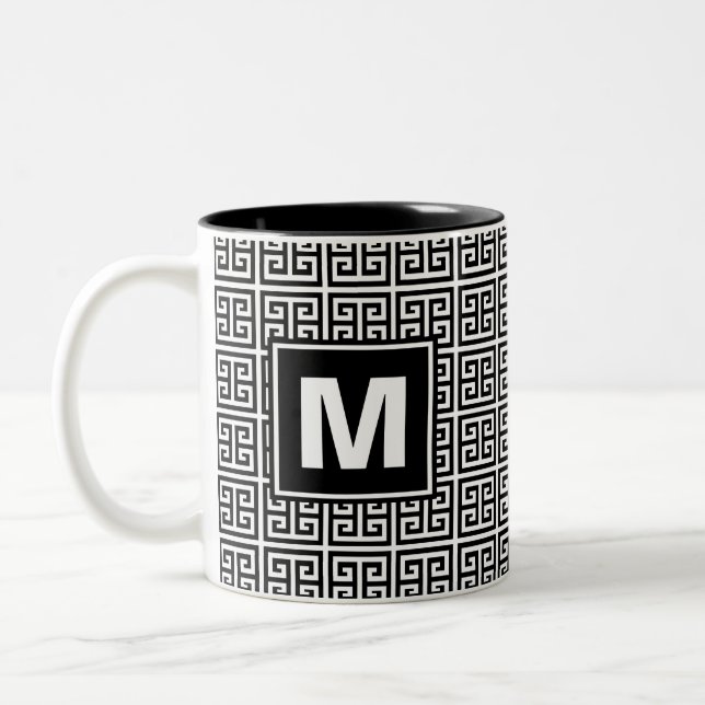 Modern Black and White Greek Key Monogram Two-Tone Coffee Mug (Left)