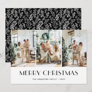 Modern Black and White Greenery Photo Collage Holiday Card