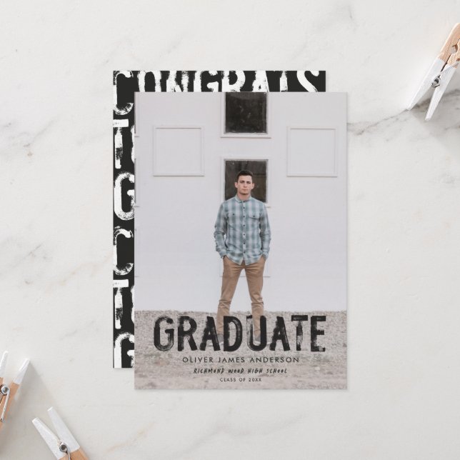 Modern black and white grungy photo graduation invitation (Front/Back In Situ)