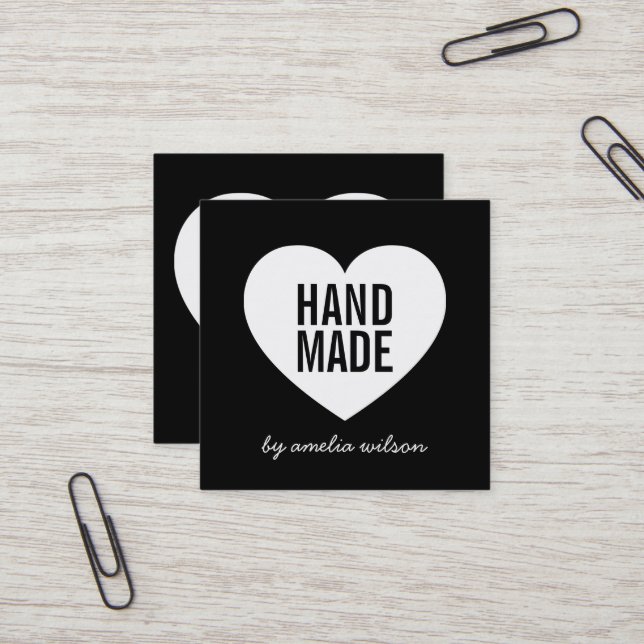 Modern Black and White Handmade Heart Square Business Card (Front/Back In Situ)