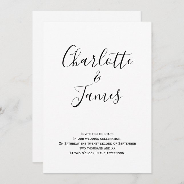 Modern Black and White Handwritten Wedding Invitation (Front/Back)
