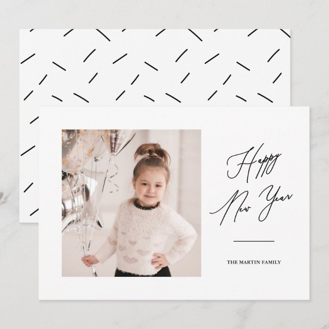 Modern Black and White Happy New Year Photo Invitation (Front/Back)