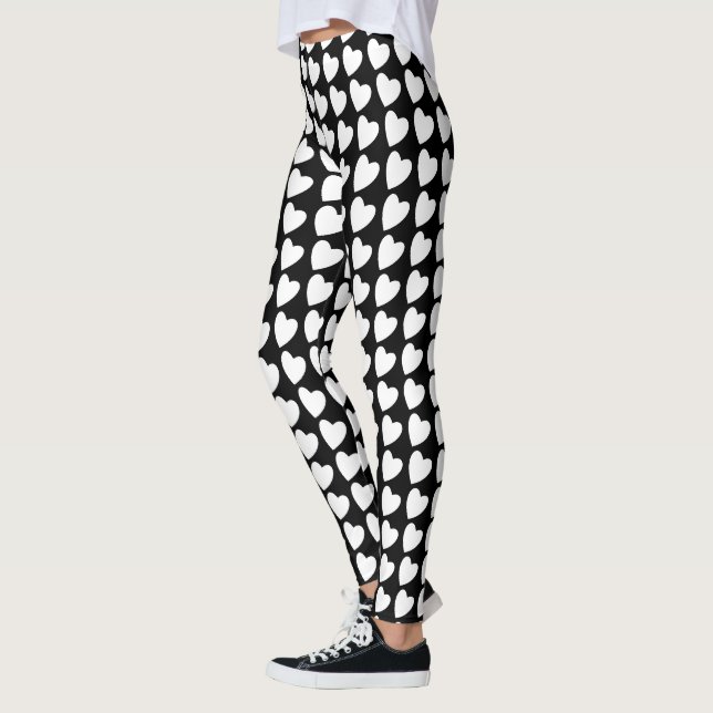 Modern Black and White Heart Pattern Leggings (Left)