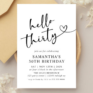 Modern Black and White Hello 30th Birthday Party Invitation