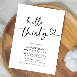 Modern Black and White Hello 30th Birthday Party Invitation