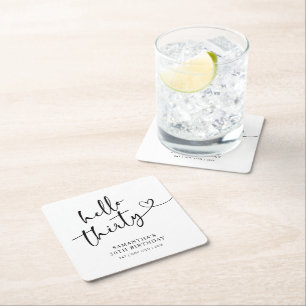 Modern Black and White Hello 30th Birthday Square Paper Coaster