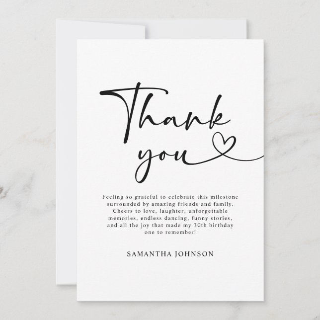 Modern Black and White Hello 30th Birthday Thank You Card (Front)
