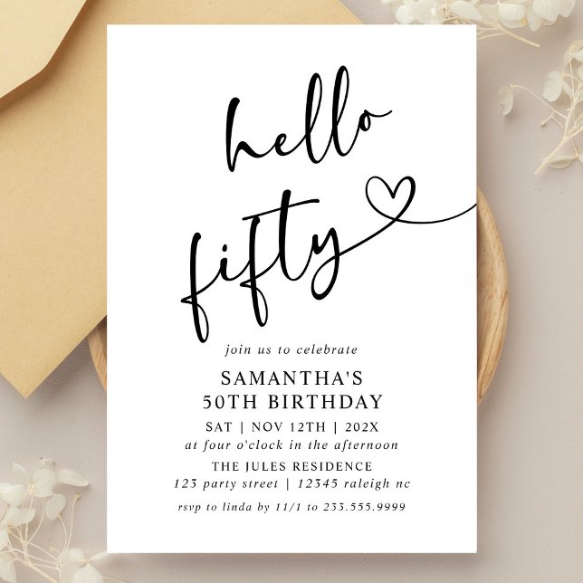 Modern Black and White Hello Fifty Birthday Party Invitation (Creator Uploaded)