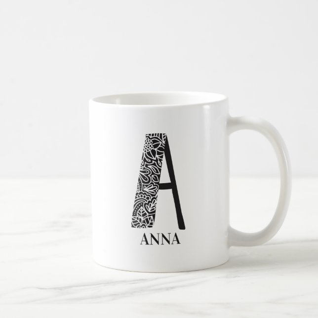 Modern Black and White Initial A and Name Coffee Mug (Right)