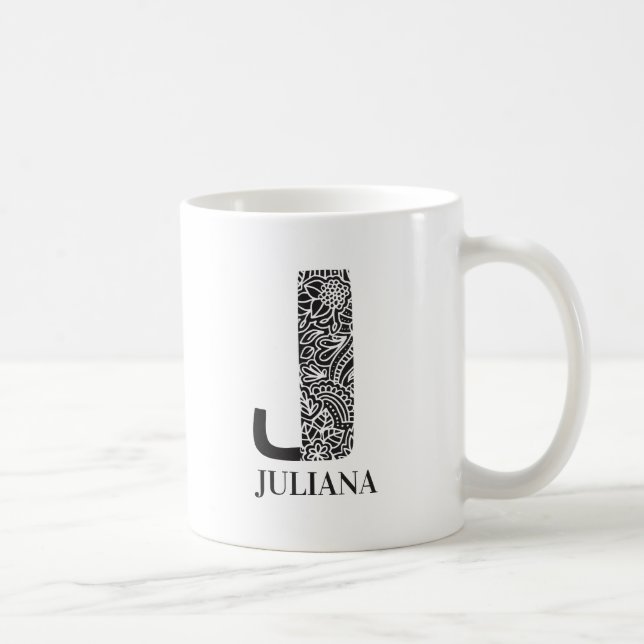 Modern Black and White Initial J and Name Coffee Mug (Right)