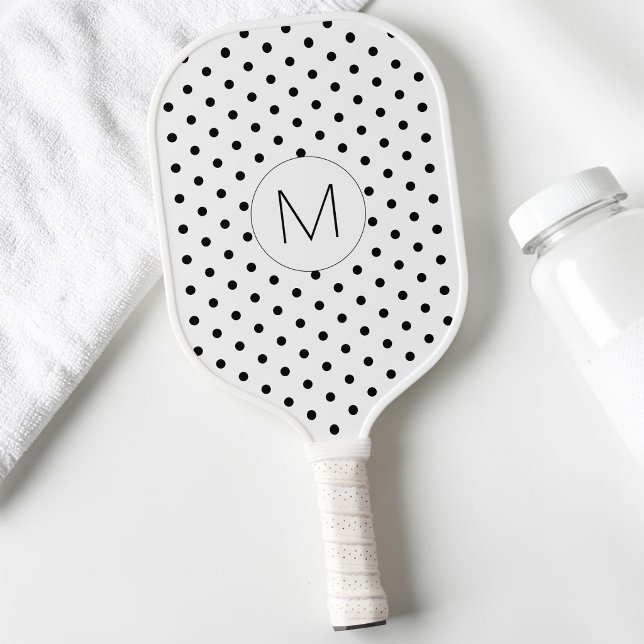 Modern Black and White Initial Monogram Polka Dot Pickleball Paddle (Modern Black and White Initial Monogram Polka Dot Pickleball Paddle)