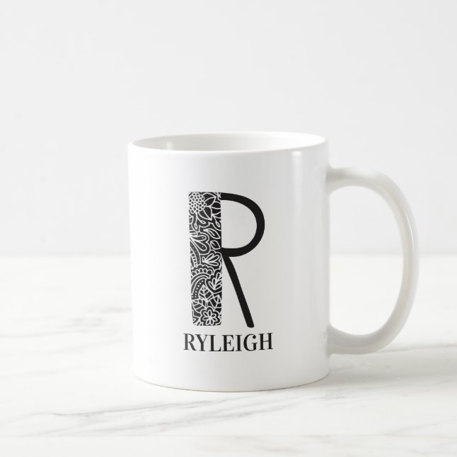 Modern Black and White Initial R and Name Coffee Mug (Right)