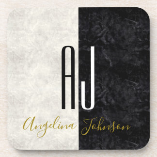 Modern Black and White Initials Monogrammed Coaster