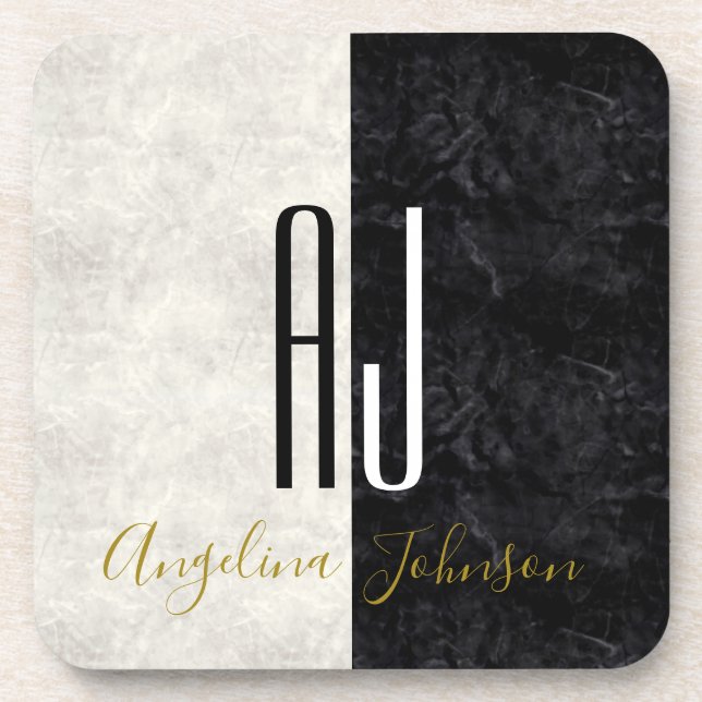 Modern Black and White Initials Monogrammed Coaster (Front)