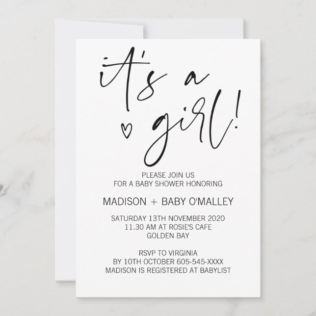 Modern Black and White It's a Girl Baby Shower Invitation (Front)