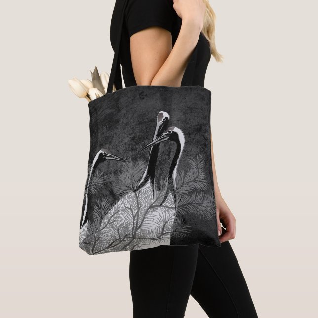 Modern Black and White Japanese Cranes Tote Bag (Close Up)