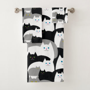 Modern Black and White Kitty Cat Pattern Bath Towel Set