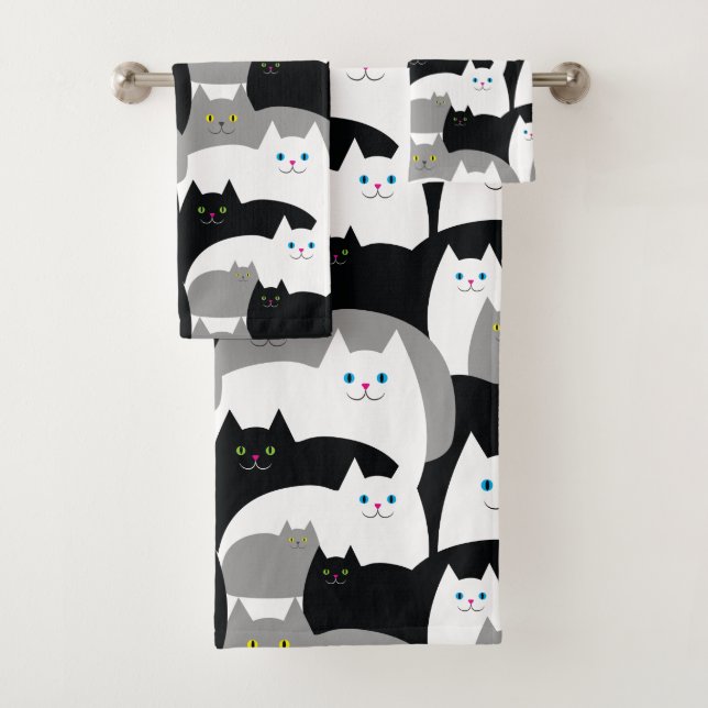 Modern Black and White Kitty Cat Pattern Bath Towel Set (Insitu)