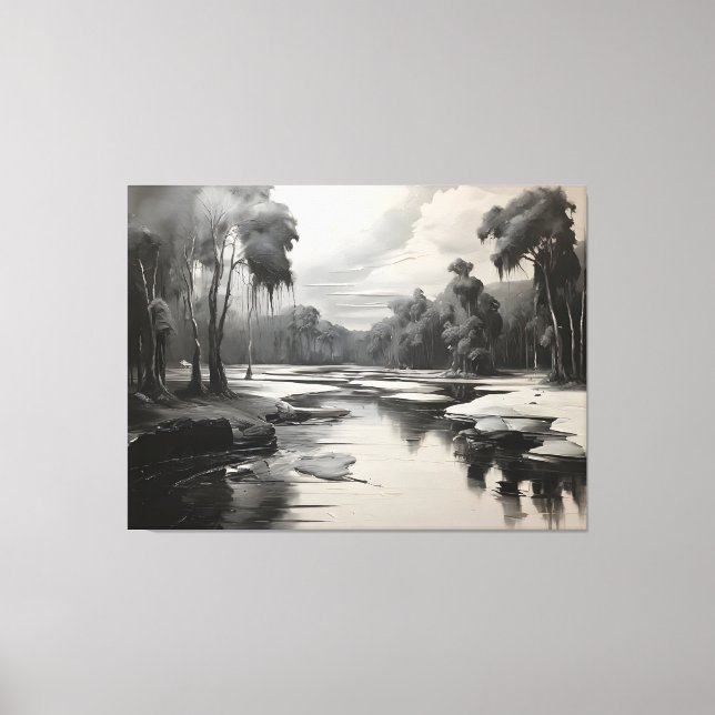 Modern Black and White Landscape Painting Canvas Print (Front)