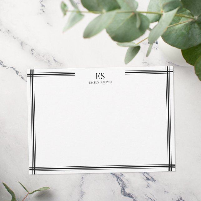 Modern Black and White Line Border Monogram Card (Creator Uploaded)