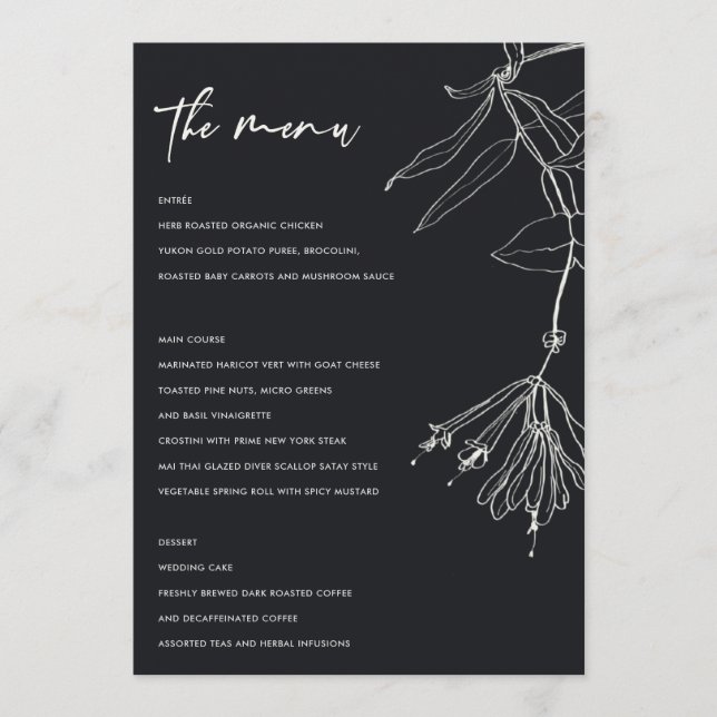 MODERN BLACK AND WHITE LINE DRAWING FLORAL MENU (Front)