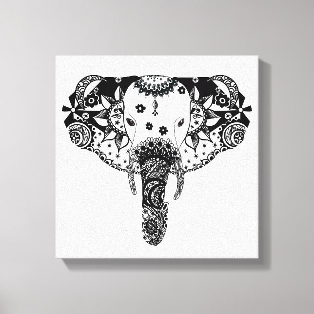 Modern black and white line tangle elephant canvas print (Front)