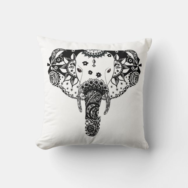 Modern black and white line tangle elephant cushion (Front)
