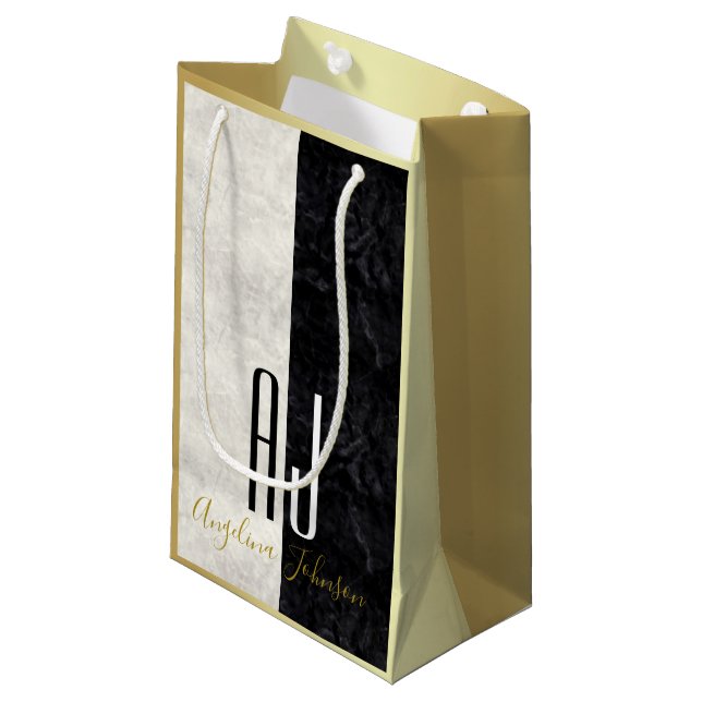 Modern Black and White Marble , Gold Monogram Small Gift Bag (Front Angled)