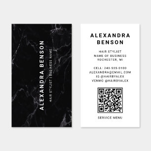Modern Black and White Marble QR Code Business Card