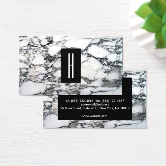 Modern Black and White Marble Stone, Monogram 2 Business Card