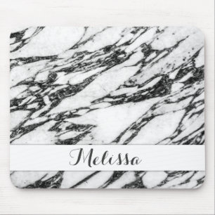 Modern Black and White Marble Stone Monogram Mouse Mat