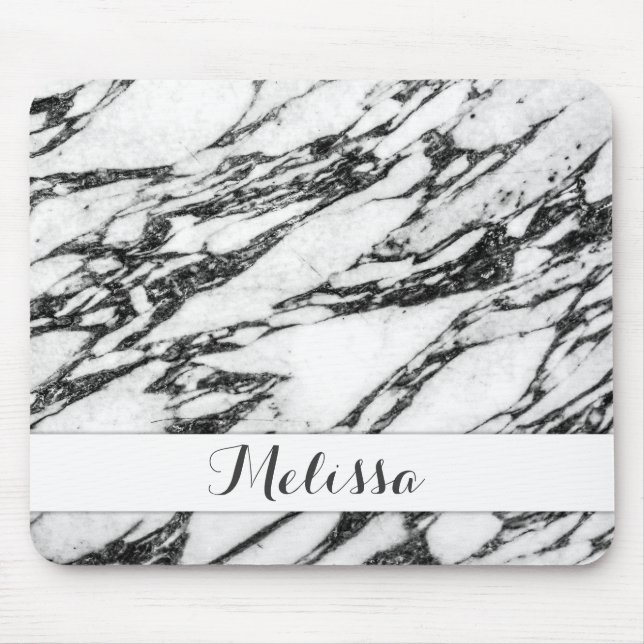 Modern Black and White Marble Stone Monogram Mouse Mat (Front)