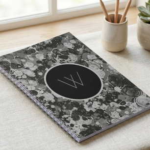 Modern Black and White Marble Swirl Monogram Notebook