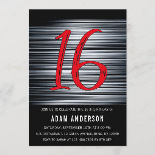 Modern Black And White Men's 16th Birthday Invitation