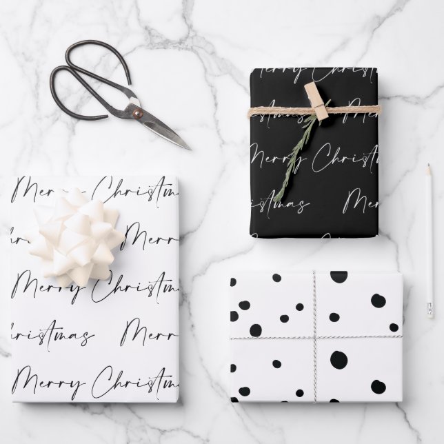 Modern Black and White Merry Christmas Calligraphy Wrapping Paper Sheet (Front)