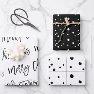 Modern Black and White Merry Christmas Calligraphy Wrapping Paper Sheet