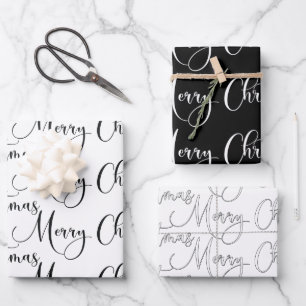 Modern Black and White Merry Christmas Calligraphy Wrapping Paper Sheet