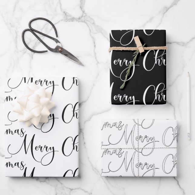 Modern Black and White Merry Christmas Calligraphy Wrapping Paper Sheet (Front)