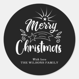 Modern Black and White Merry Christmas Stars Classic Round Sticker