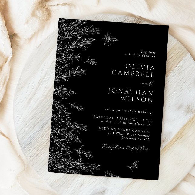 Modern Black And White Minimal Leaves Wedding Invitation (Creator Uploaded)