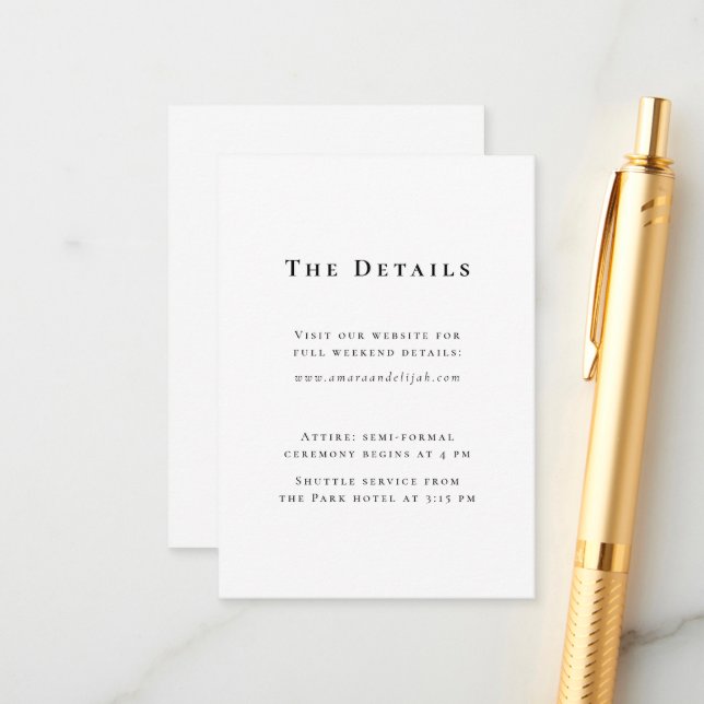 Modern Black and White Minimal Wedding Details Enclosure Card (Front/Back In Situ)