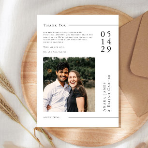 Modern Black and White Minimal Wedding Photo  Thank You Card