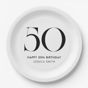 Modern Black and White Minimalist 50th Birthday Paper Plate