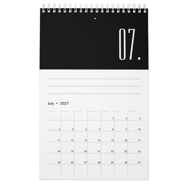 Modern Black And White Minimalist  Calendar (Jul 2027)