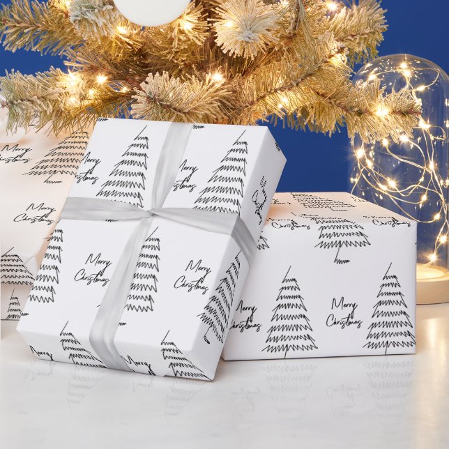 Modern Black And White Minimalist Christmas Tree Wrapping Paper (Holidays)