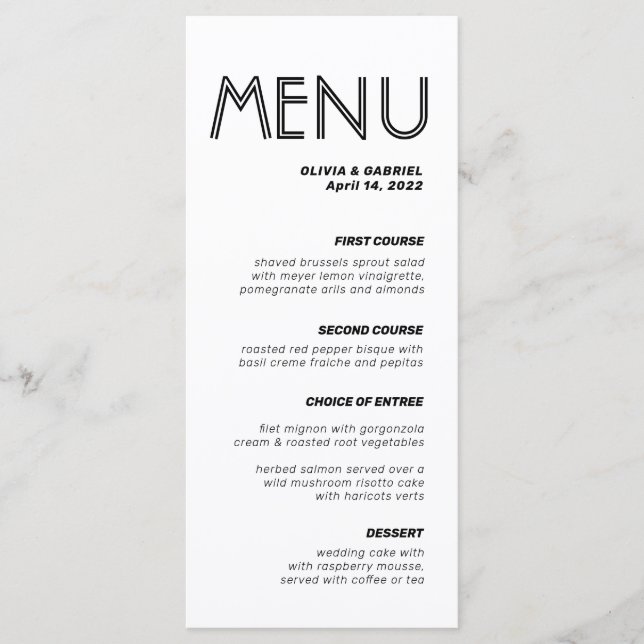 Modern Black and white minimalist classy Wedding Menu (Front)
