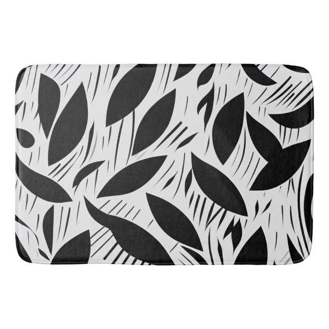Modern Black and White Minimalist Leaf Pattern Bath Mat (Front)